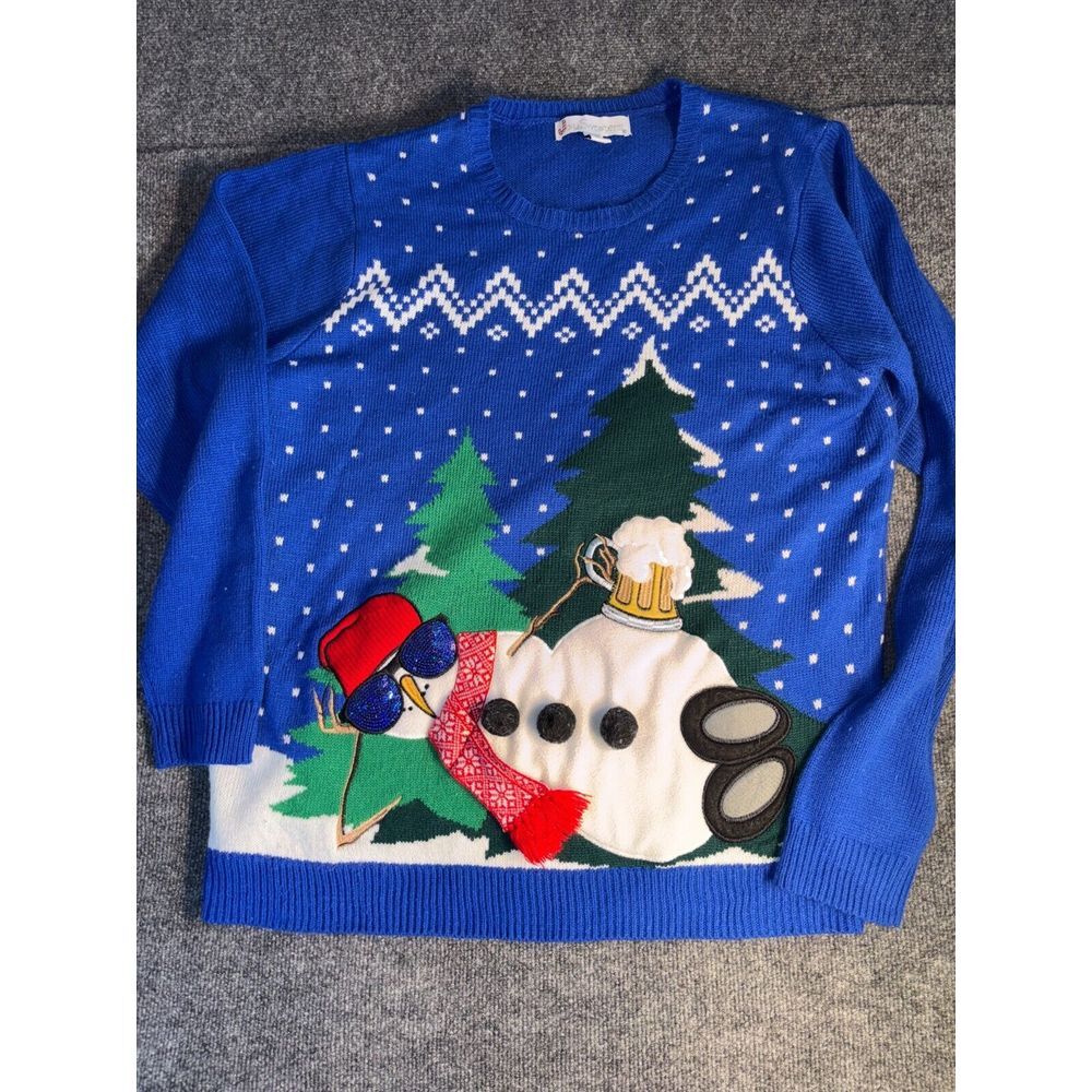 Jolly Sweaters Womens XL Blue Snowman Beer Drinking in Sunglasses Ugly Christmas